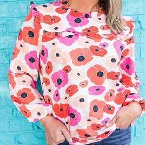 Michelle McDowell Womens Evans Top L Brighter Days‎ Floral Ruffle Smock Blouse